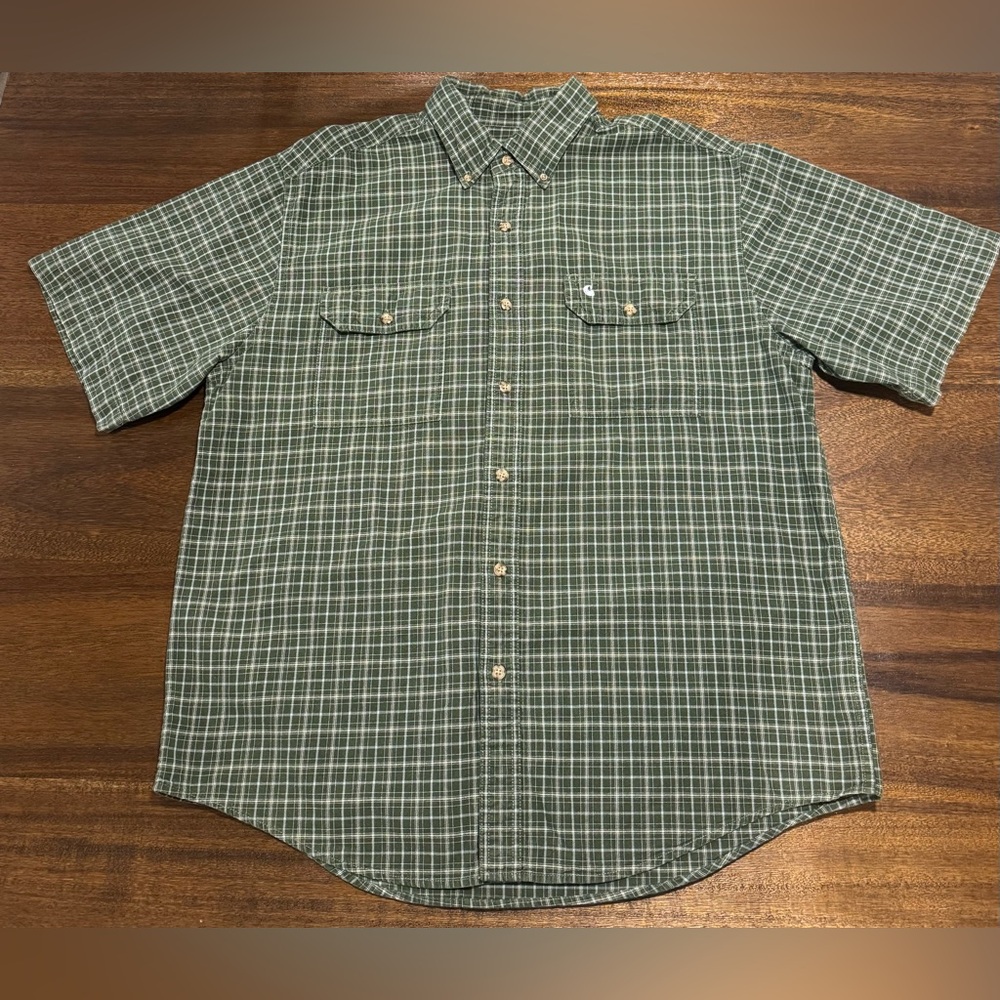 Carhartt Men’s XL Short Sleeve Plaid Button-Down Gray Green Lightweight Cotton